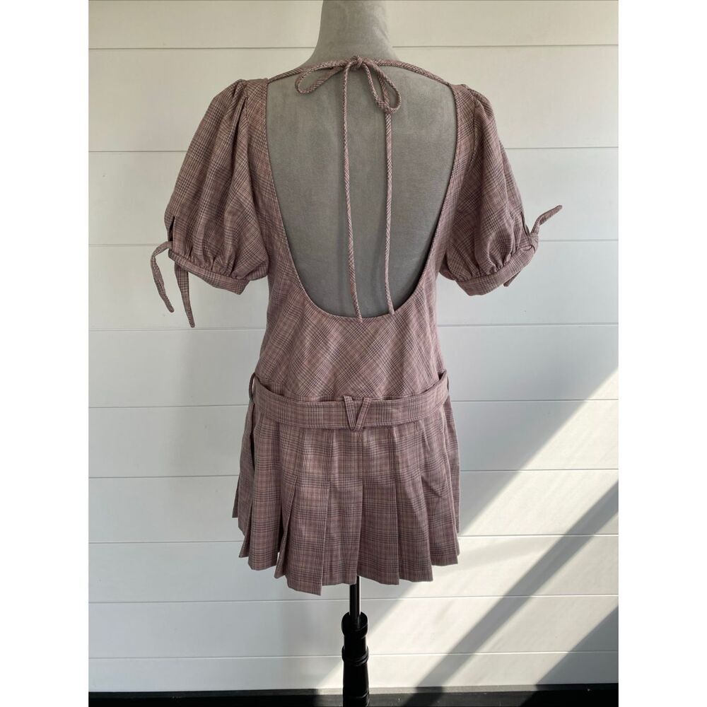 Free People Sevi Plaid Mini Dress Puff Sleeve Grey and Pink Combo Size M NWOT - Picture 9 of 12